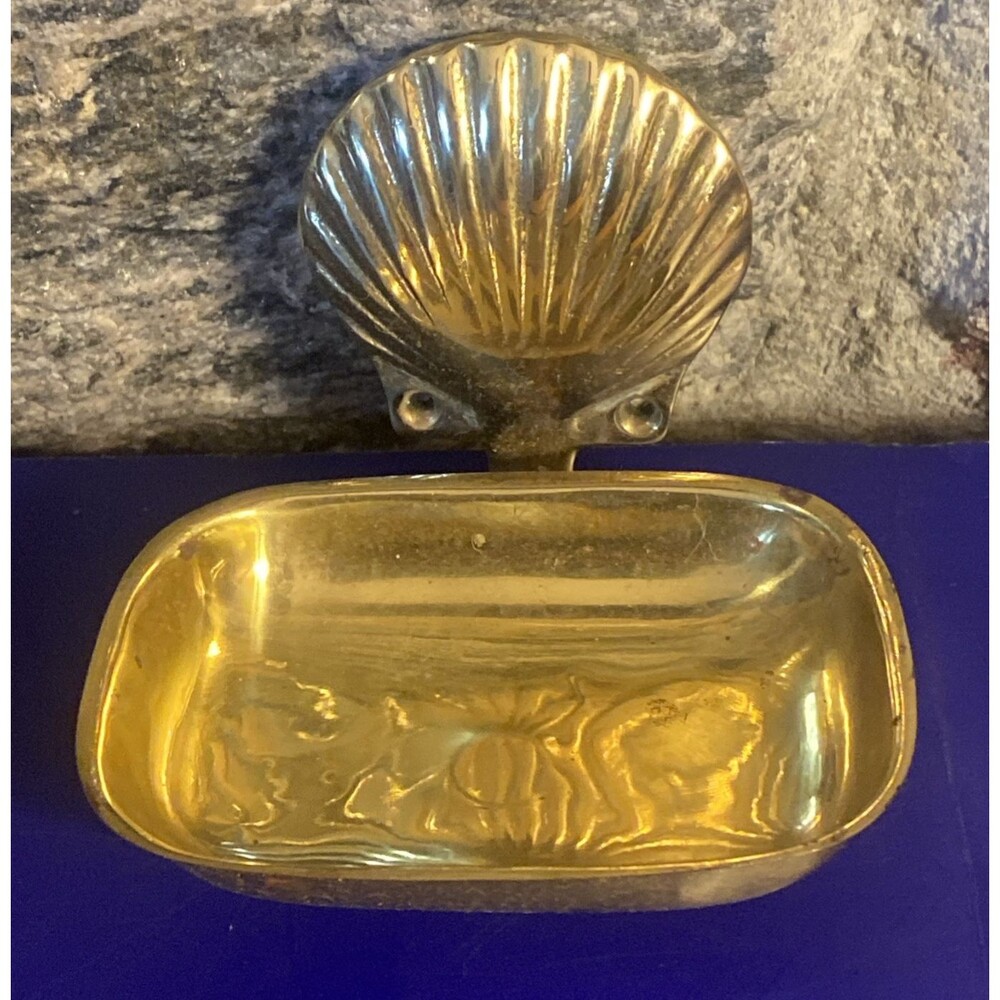 VTG Brass Shell Soap Holder Wall Mounted w/ Gold Tone Metal Dish Nautical Coast